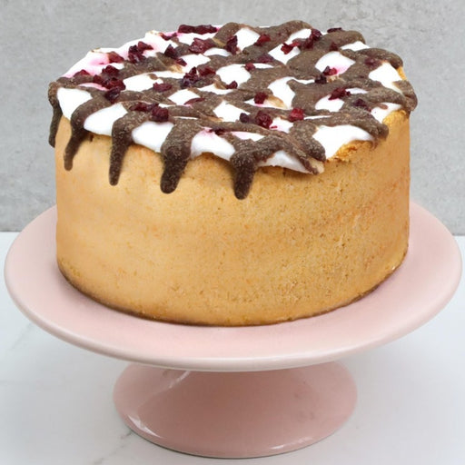 Bakewell Tart Bento Cake - Bakerdays on pink cake stand