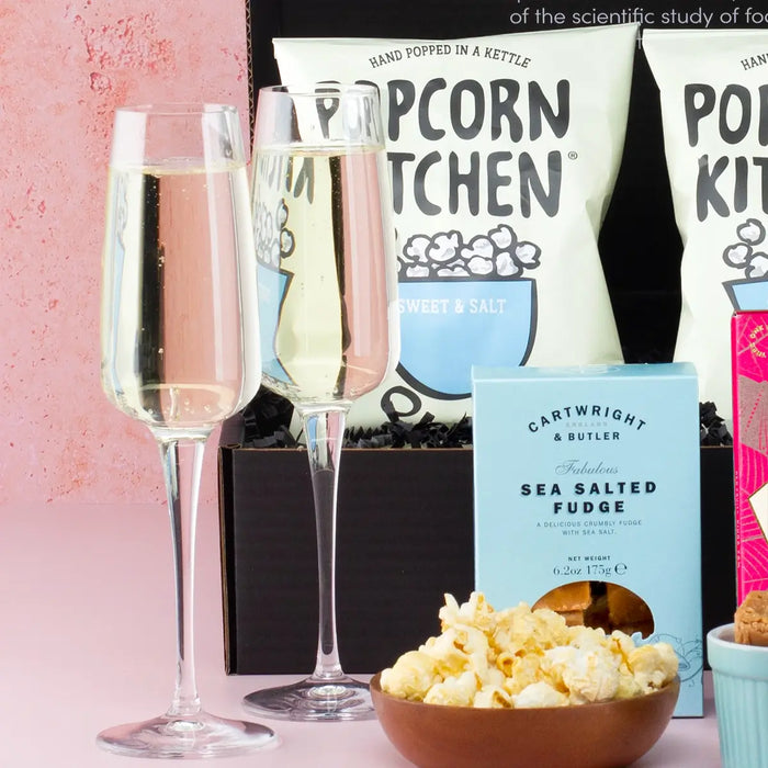 Prosecco, Popcorn & Fudge Hamper Close Up