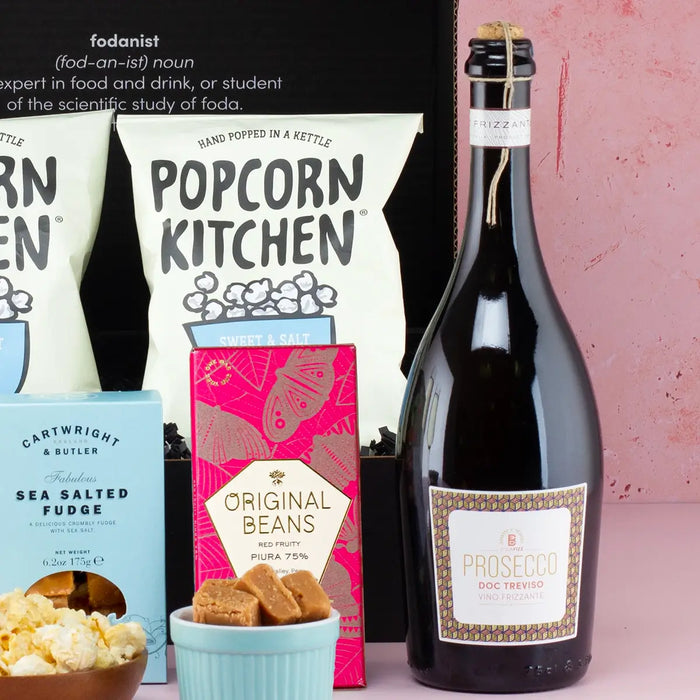 Prosecco, Popcorn & Fudge Hamper Close Up