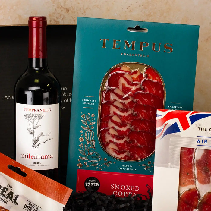 Red Wine and Charcuterie Hamper - red wine and Tempus close up