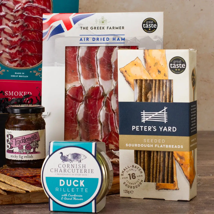 Red Wine and Charcuterie Hamper - peters yard, greek farmer and cornish charcuterie close up