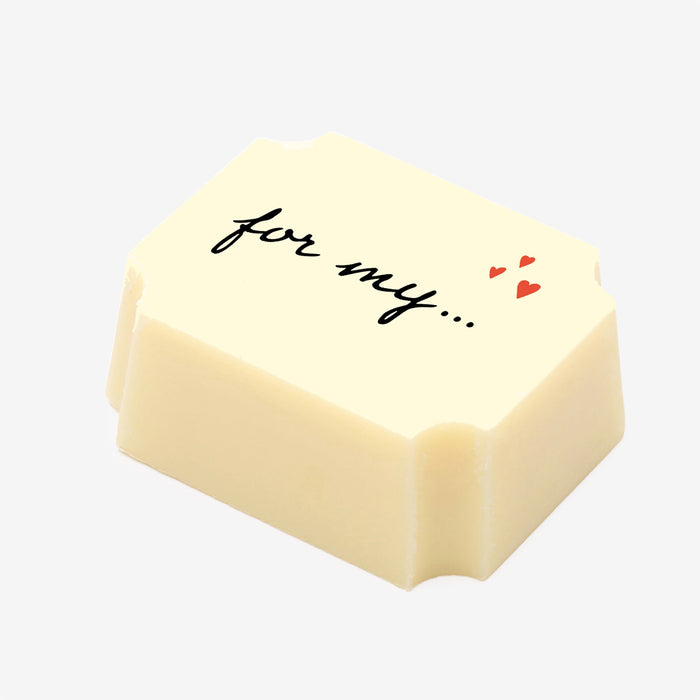 A white chocolate filled with dark chocolate ganache, made by Harry Specters, with a for my sweetheart message printed on the top.