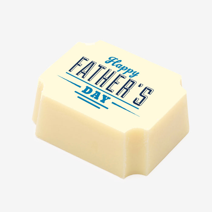 A white chocolate filled with dark chocolate ganache, made by Harry Specters, with a Happy Father’s Day message printed on the top.